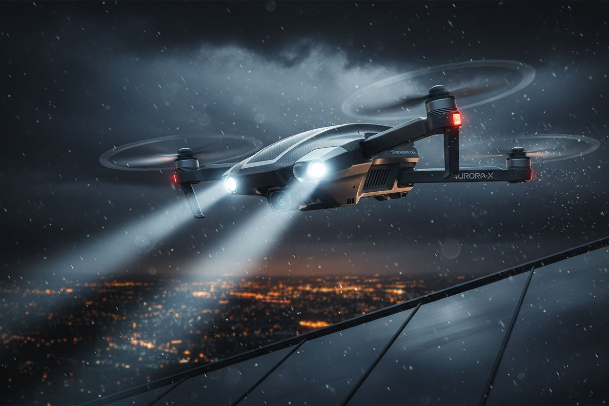 Drone flying at night with bright headlights